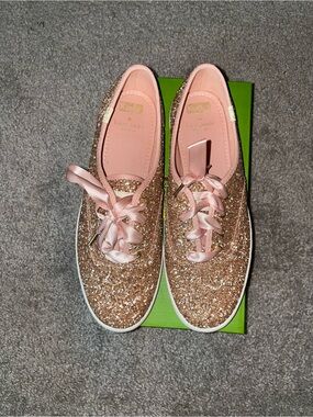 Kate Spade x Keds rose gold glitter sneakers with blush ribbon laces